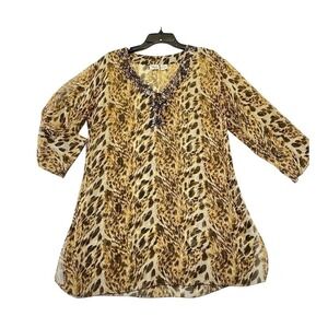 Indian Tropical Fashion Tunic Women S/M Brown Animal Print Beaded V-Neck Rayon